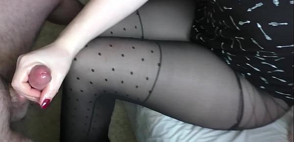  Teen Handjob - Cum on legs in sexy pantyhose